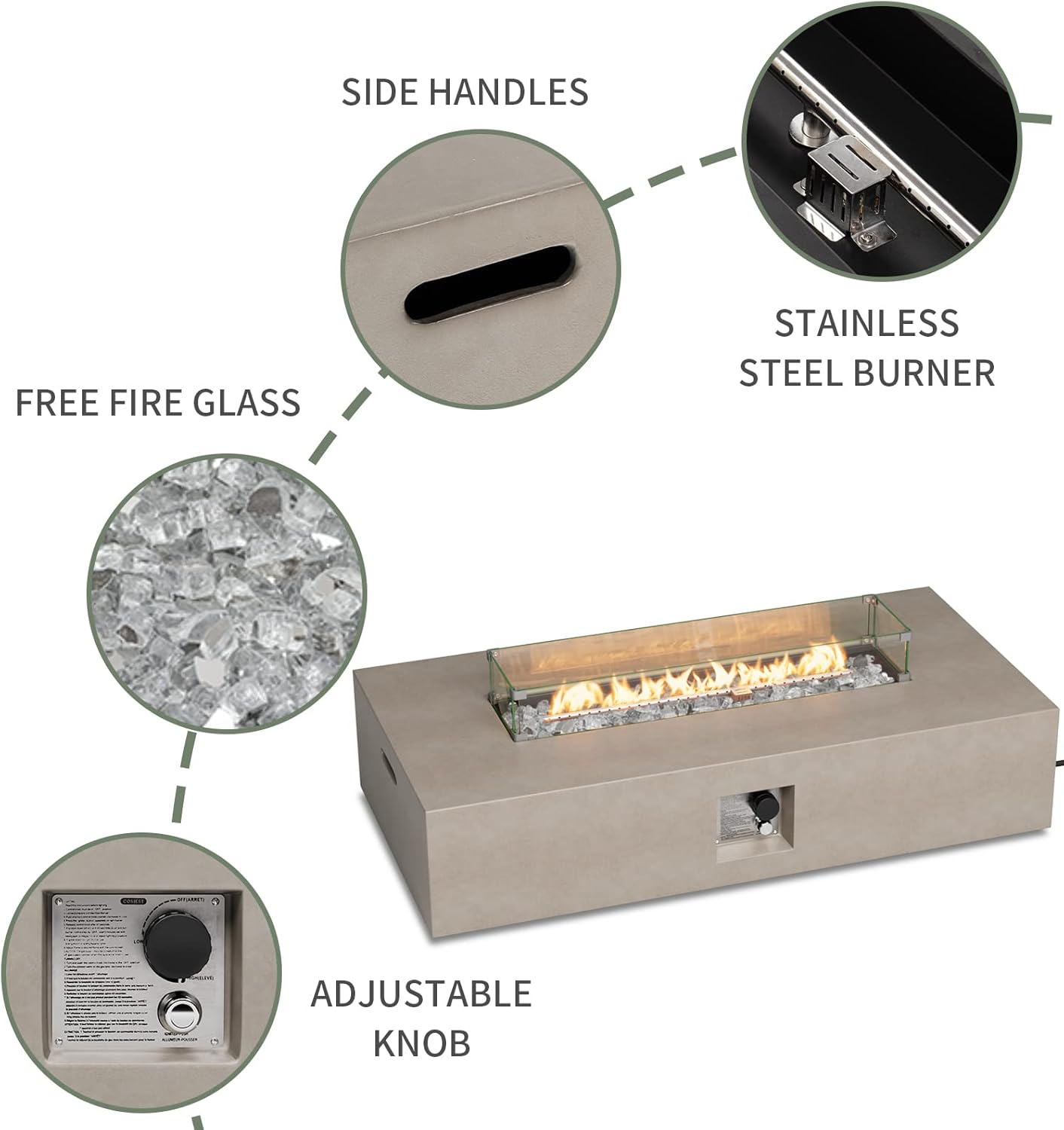 COSIEST Outdoor Propane Fire Pit Table, 56-inch x 28-inch Rectangle Gray Concrete-Like Finish, CSA Certified, 50,000 BTU Stainless Steel Burner w Transparent Gray Fire Glass, Wind Guard, Raincover