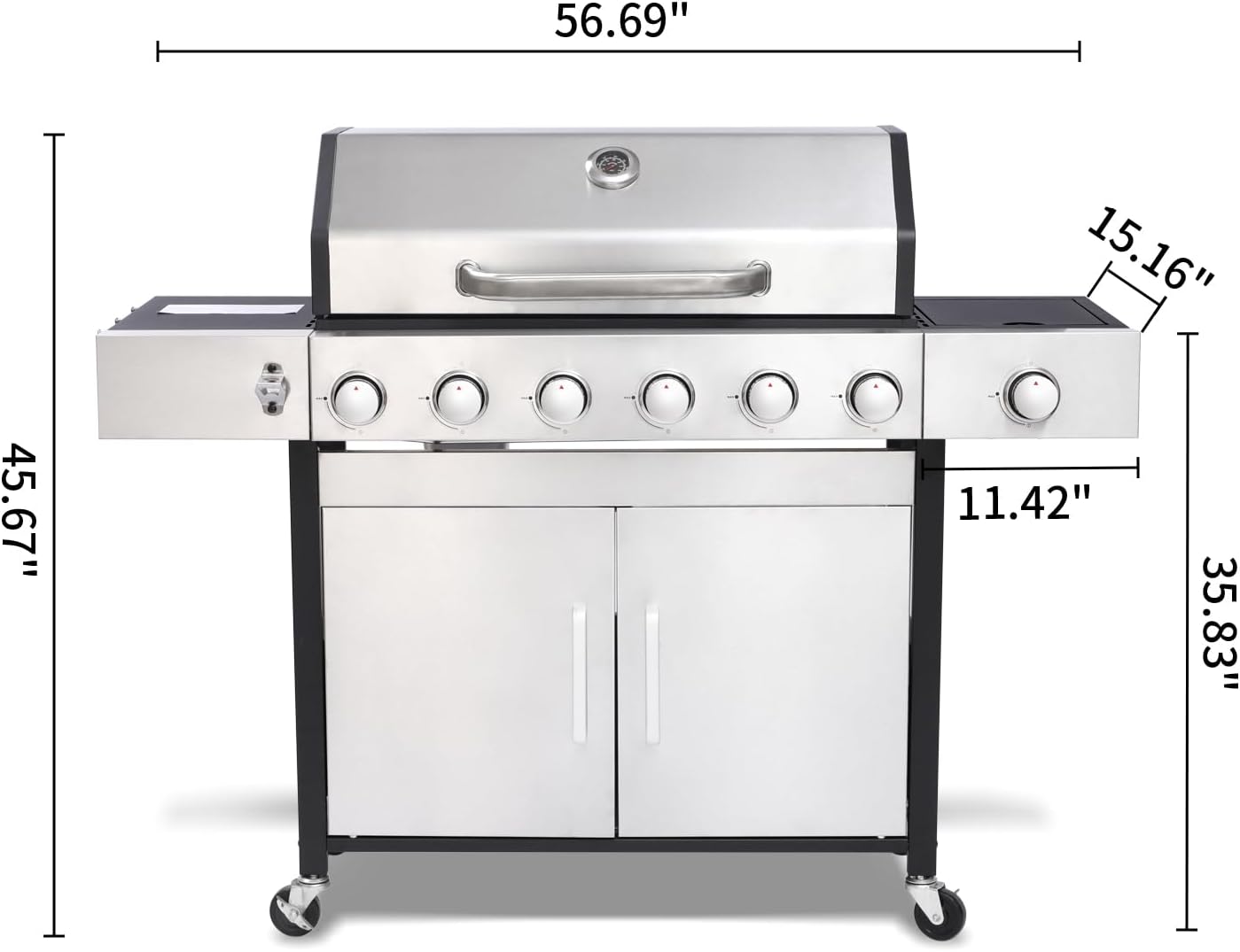 6-Burner Propane Gas BBQ Grill with Side Burner, 57,300 BTU Output, Enameled Cast Iron Grates, Heavy-Duty Stainless Steel Outdoor Grill for Backyard Barbecue