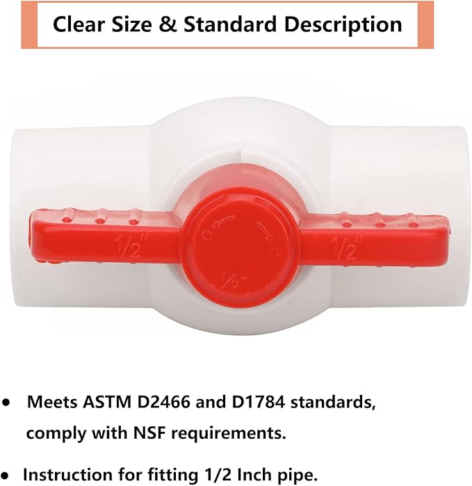 6Pcs 1/2" PVC Ball Valve Water Pipe Shut-off Valve Socket with Red T-Handle for Cold Water Supply lines, Irrigation Pipe fitting System(Socket x Socket), Schedule 40