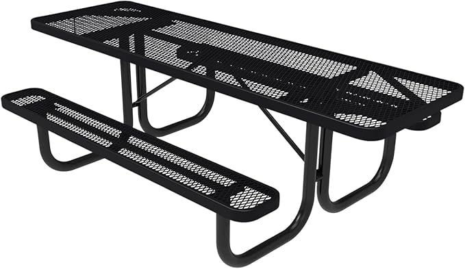 Coated Outdoor Furniture Heavy-Duty Portable ADA-Compliant Outdoor Picnic Table, Expanded Metal Patio Dining Furniture Made in America (8ft Rectangular, Both-Side Handicap, Black)