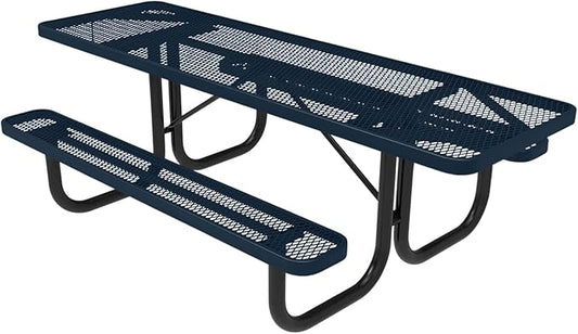 Coated Outdoor Furniture Heavy-Duty Portable ADA-Compliant Outdoor Picnic Table, Expanded Metal Patio Dining Furniture Made in America (8ft Rectangular, Both-Side Handicap, Dark Blue)