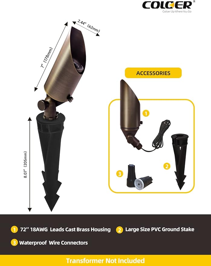 COLOER Die-cast Brass Landscape SpotLights Outdoor, 12V AC/DC Low Voltage Lighting, IP65 Waterproof Garden Patio Trees Directional Spot Up Light(103B, Bronze, 10-Pack Without Bulb)