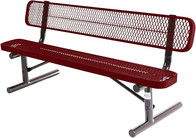 Heavy-Duty Portable Outdoor Bench Thermoplastic Coated, Expanded Metal, Commercial-Grade Seating, Made in America (Portable with Back, 6 Ft, Textured Burgundy)