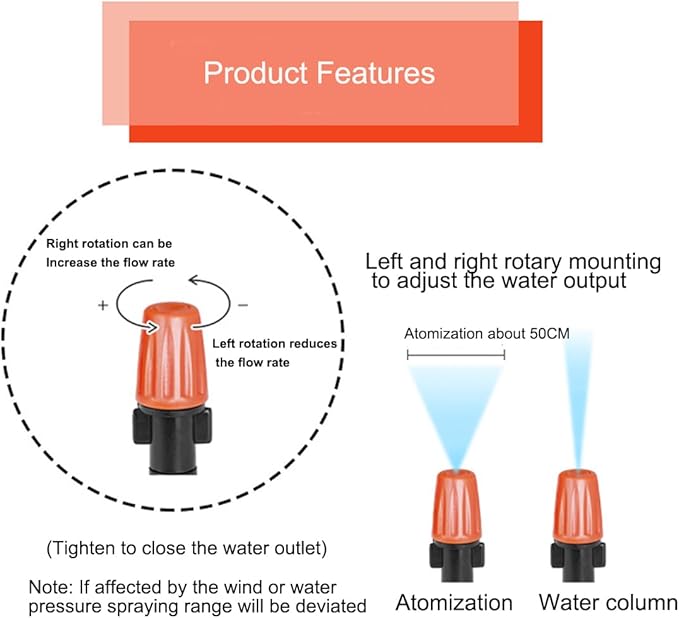 80PCS 1/4" Inch Adjustable Irrigation Microspray Emitter Three Way Atomizing Nozzle with Tee Connector Drip Irrigation Accessory for Garden Lawn Flower Bed Irrigation System Watering