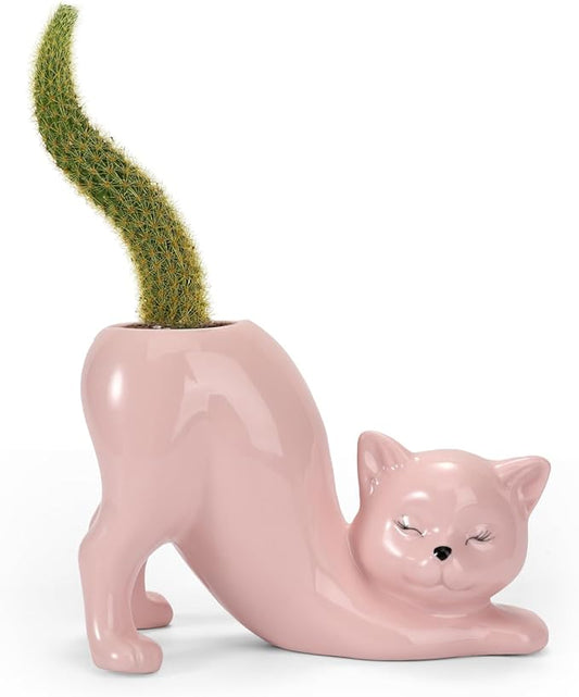 TOIVO Cat Planter Pot，Indoor and Outdoor Plant Displays，Funny Ceramics Cat Flower Pot，Cat Gifts for Cat Lovers，Lovely Office Desk Room Home Decor (Pink, Small)