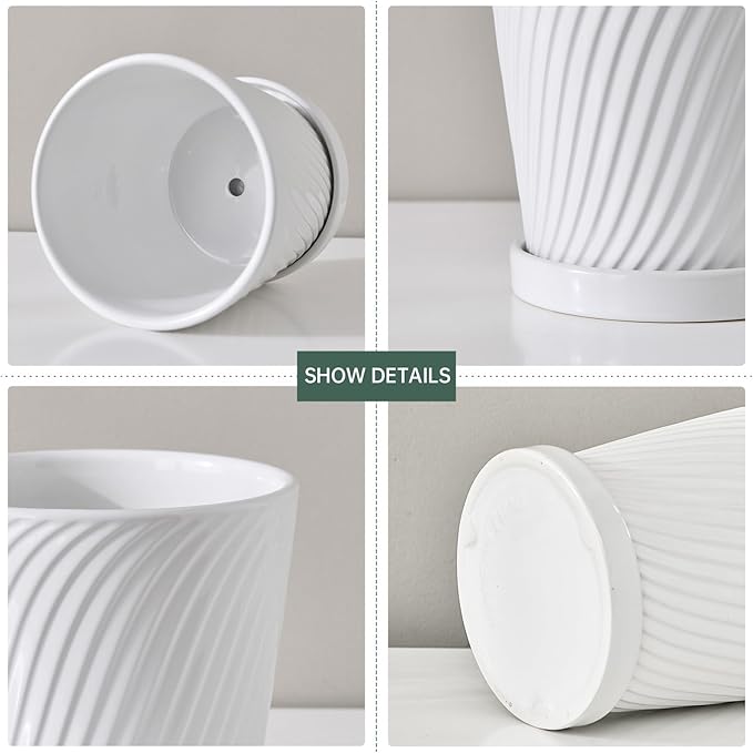 Ton Sin Plant Pots,White 6 Inch Flower Pots for Plants,Ceramic Planter with Drainage Holes,Indoor Planter Pots with Saucer,Outdoor Garden Pots (White, 4 Pack)