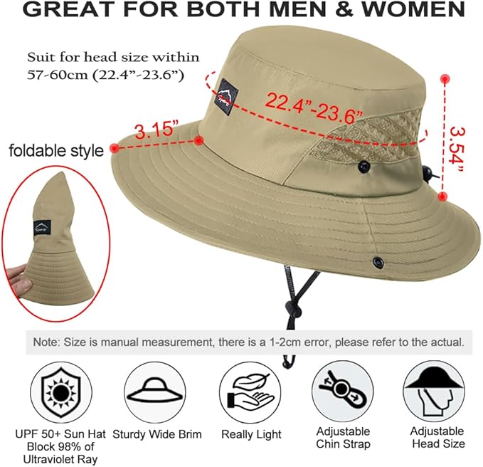Fishing Hat, UPF50+ Wide Brim Sun Hat for Men Women, UV Protection Hiking Beach Bucket Hats Summer Safari Hat