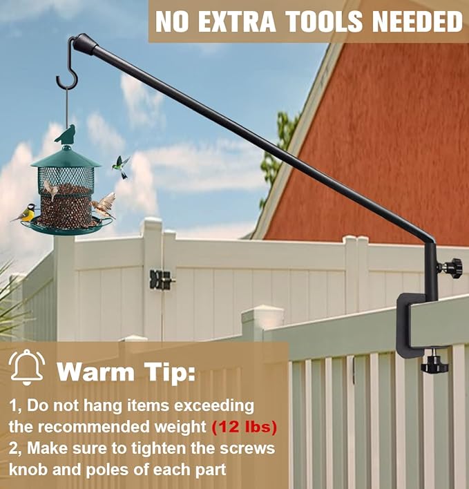 38 Inch Extended Reach Deck Hook Hanger for Railing, Heavy Duty Outdoor Plant Hook Holder for Hanging Bird Feeder Flower Basket Planter or Lanterns, 1 Pack