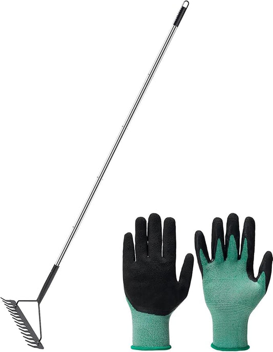 Sturdy Garden Rakes for Leaves: Metal Rake Heavy Duty Tool for Quick Clean Up of Lawn and Yard, 38’’--63’’ Adjustable Long Handle and 14Tines