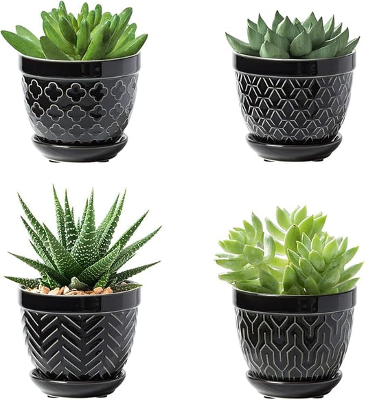 Sureasy Succulent Pots, 3.5 Inch Flower Pots for Indoor Plants, Small Plant Pots with Saucer & Drainage, Decorative Ceramic Planters for Succulent, Cactus, Set of 4, Black
