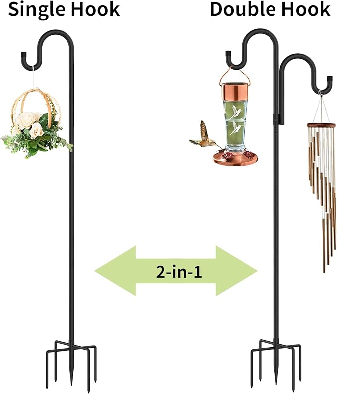 Double Shepherds Hooks for Outdoor, Bird Feeder Pole with 5 Prongs Base, Heavy Duty Garden Hook for Lantern, Wind Chime and Hummingbird Feeder, 76 Inch, 2 Pack