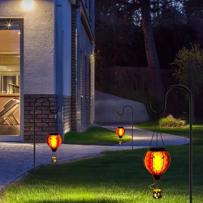 Hot Air Balloon Solar Lantern with Flame Flickering Light LED Glass Hanging Solar Lanterns Outdoor Waterproof Garden Light for Patio Tree Porch Yard Decor Mother’s Day Gift for Women Mom