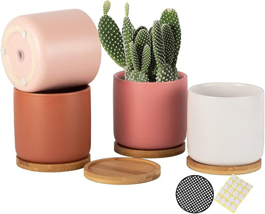 OMAYKEY 4 Inch Ceramic Plant Pot with Saucer, Multicolor Planters Pots with Drainage Hole and Mesh Pads for Succulent, Indoor Flowers, Snake Plants, Cactus, Herbs, Set of 4 (Plant Not Included)