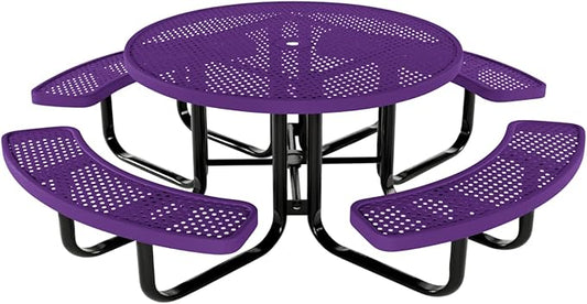 Heavy-Duty Portable Outdoor Kids Table with Umbrella Hole, Punched Steel Kids Picnic Table, Commercial-Grade, Made in America (46 in, Round, Childrens, Textured Purple)