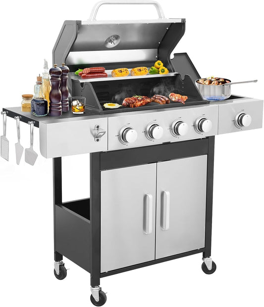4 Burner Gas Grill with Side Burner, Dual-sided Frying Pan, Built-in Thermometer, Wheels, Side Table, Stainless Steel Burner, 47,000 BTU Outdoor Grill for Patio, Garden, Balcony