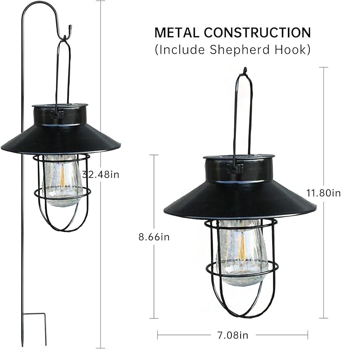 2 Pack Solar Lanterns ,Outdoor Waterproof Solar Lamp with Shepherd Hook, Metal Edison Bulb Lights Gifts for Gifts for Women/Mom Garden Outdoor Pathway Decor (Black)