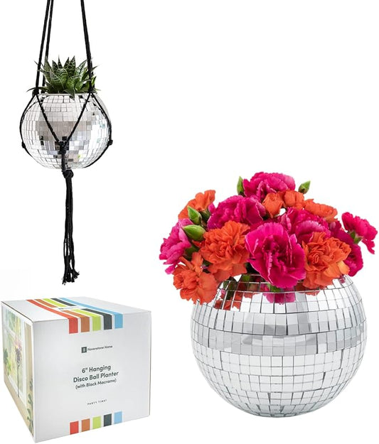 Hanging Disco Ball Planter 8" - with Acrylic Stand and Macrame Plant Hanger - Home Décor, Room Décor, Mirror Disco Planter, Disco Decor (6" with Black Hanger, Flat Base)