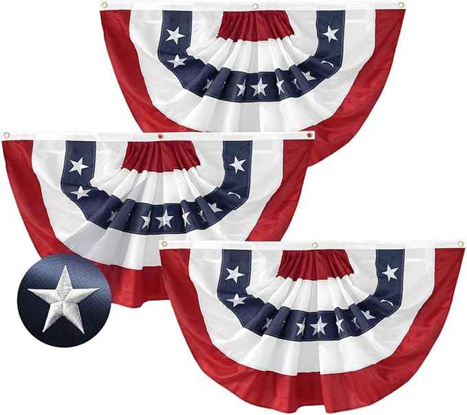 3Pack USA Pleated Fan Flag, 2x4 Feet American Bunting 4th of July Decorations Flags Patriotic Decor Embroidered Stars & Sewn Stripes Canvas Header Brass Grommets for Outside Porch Garden