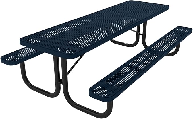 Coated Outdoor Furniture Heavy-Duty Portable Outdoor Picnic Table, Thermoplastic Coated Punched Steel Commercial-Grade Patio Dining Furniture Made in America (8ft Rectangular, Dark Blue)