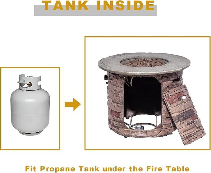 COSIEST Outdoor Propane Concrete Fire Pit Table w Imitation Stone Surface 32-inch Round Fire Table, CSA Certified, 40,000 BTU Stainless Steel Burner, Free Lava Rocks, Fits 20lb Tank Inside