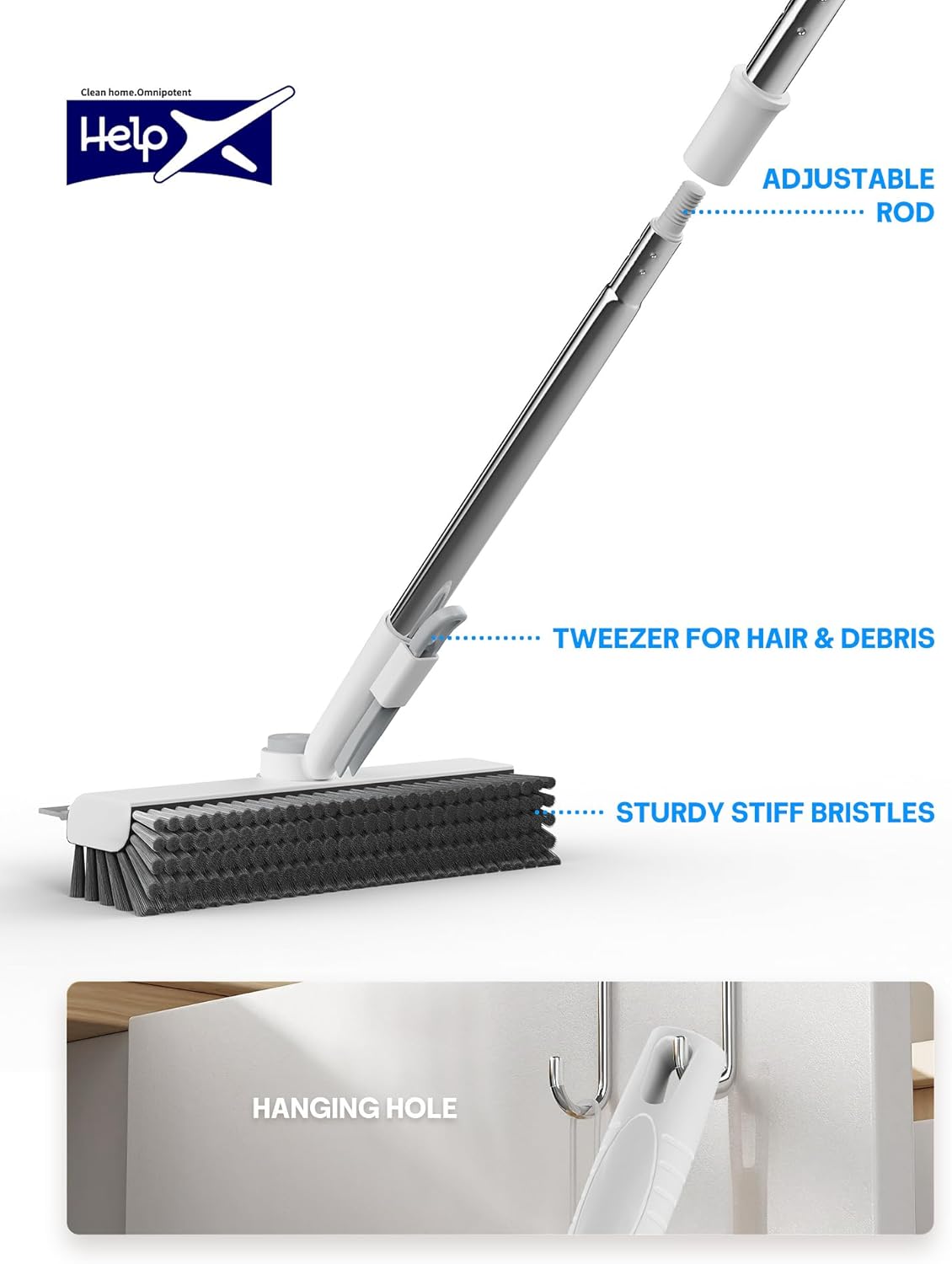 Floor Scrub Brush with Long Handle, 3 in 1 Scrape and Heavy-Duty Stiff Bristle Floor Scrubber Brush with Squeegee and Tweezer for Cleaning Tile Wall Deck Bathroom Patio Garage Kitchen (White)