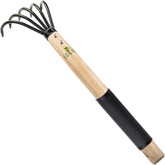 15inch Wood Hand Japanese Claw Rake NonSlip Rubber Handle, Military Grade Steel 5 Tine Cultivator Gardener for Pulverized and Aerated Soil