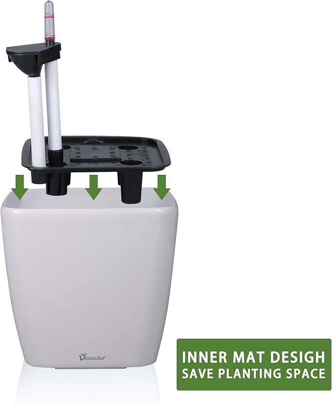 Dexceder 13x12 Self Watering Planter with Wheels Indoor Outdoor, Inner Mat Design, Thickened Large Floor Standing Flower Plant Pot with Water Level Indicator (White Matte)