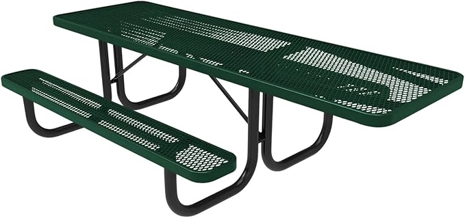 Coated Outdoor Furniture Heavy-Duty Portable ADA-Compliant Outdoor Picnic Table, Expanded Metal Patio Dining Furniture Made in America (8ft Rectangular, One-Side Handicap, Textured Green)
