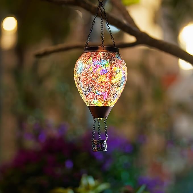 DREAMSOUL Mosaic Hot Air Balloon Solar Lantern with LED Light, Hanging Glass Solar Lanterns Outdoor Waterproof for Garden Patio Porch Decor