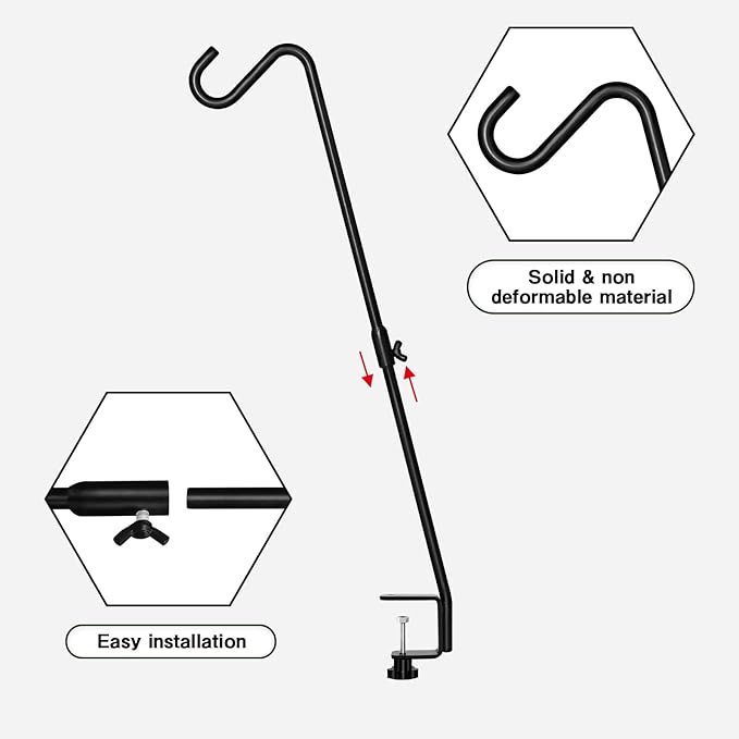 FEED GARDEN 2 Pack 29 Inch Adjustable Deck Hook,Solid Steel Deck Hangers for Bird Feeders,Lanterns, Flower Basket and Suet Baskets with Clamp,Black