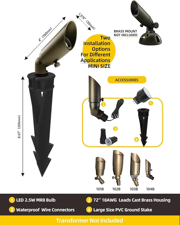 COLOER Mini Size Die-cast Brass Landscape SpotLights Outdoor, 12Volt AC/DC Low Voltage Landscape Lights Fixture,IP65 Waterproof Trees Directional Spot Up Light(104B, Bronze, 12-Pack with Bulb)