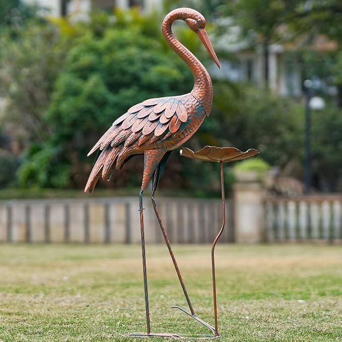 Crane Garden Statue, 42'' Heron Outdoor Statue with Birdbath, Large Crane Bird Metal Yard Art for Lawn Porch Backyard Patio Decor (Brown)