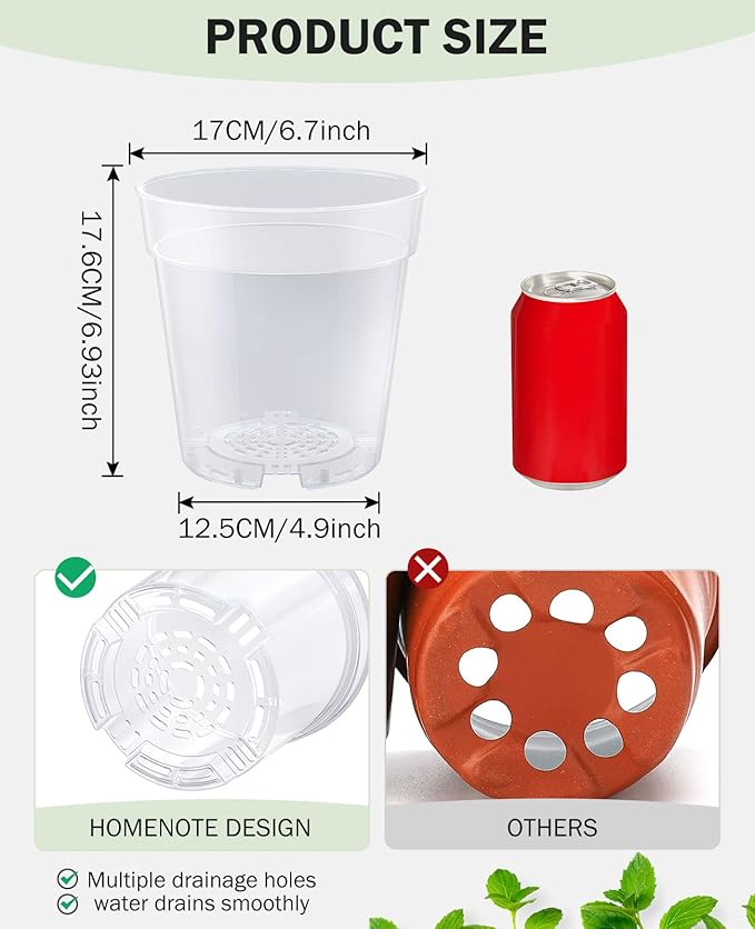 homenote Clear Nursery Pots for Plants,7 Inch Plant Pot for Planting Plastic Seedling with Drainage Holes Seed Starter Flower High Transparency with 20 Labels (15 Pack)