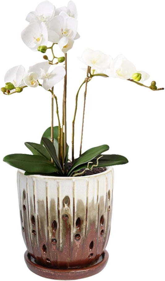 vensovo 6 Inch Ceramic Orchid Pot - Orchid Pot with Holes for Repotting, Ceramic Planter with Saucer for Indoor/Outdoor Plants, Brown