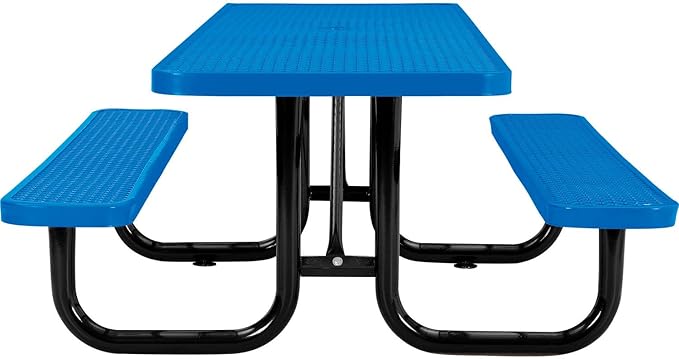Global Industrial 8'L Rectangular Picnic Table, ADA Compliant, Expanded Metal, Blue Thermoplastic Coating, Attached Benches, 1-1/2” Umbrella Pole Hole, Outdoor-Rated