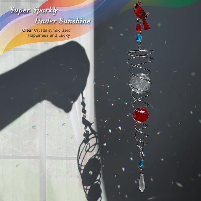 FONMY Cardinal Gazing Ball Spiral Tail Wind Spinner Sun Catcher Rainbow Maker Silver Spiral W/ K9 Crystal Ball Tree Hanging Ornament Indoor Outdoor Garden Decor. 19.5inch H