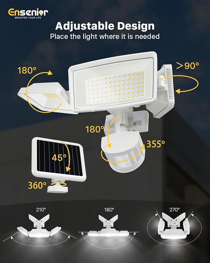 Ensenior 1800LM Solar Flood Lights Outdoor, Motion Sensor Outdoor Light 6500K, IP65 Waterproof, Separate Solar Panel, Solar Security Light with 5 Sensor Modes and 3 Adjustable Head for Yard (White)