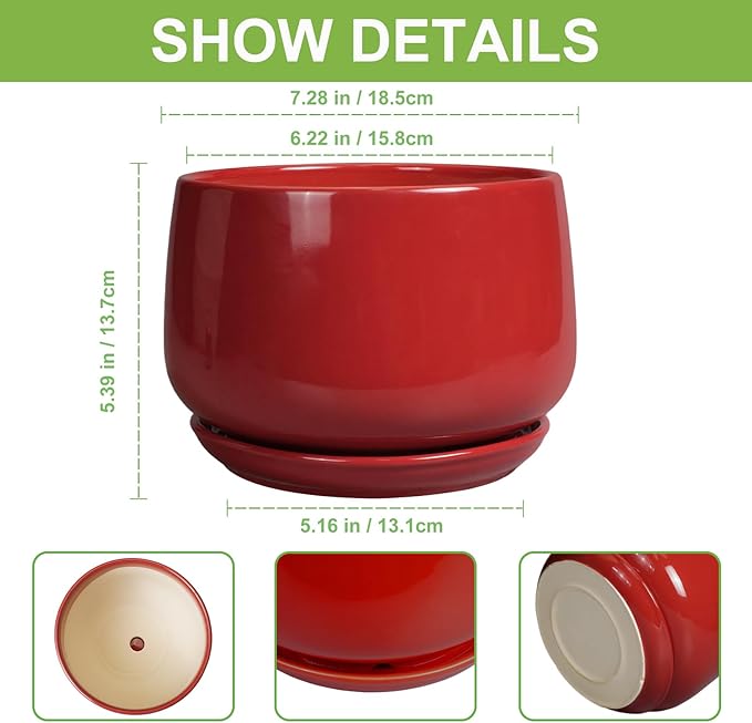 G EPGardening Ceramic Planter 7 Inch - Flower Pots for Indoor Plants, Round Planter with Drainage and Ceramic Tray, Modern Plant Pot, Bathroom Decor, Teacher Gifts, Red