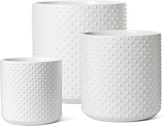 LE TAUCI 6+8+10 Inch Plant Pots Indoor, Ceramic Planter Pots for Plants, Raised Dots Flower Pots Indoor for Home and Office, Mid-Modern Century Pots Indoor with Drainage Hole and Silicone Plug, White