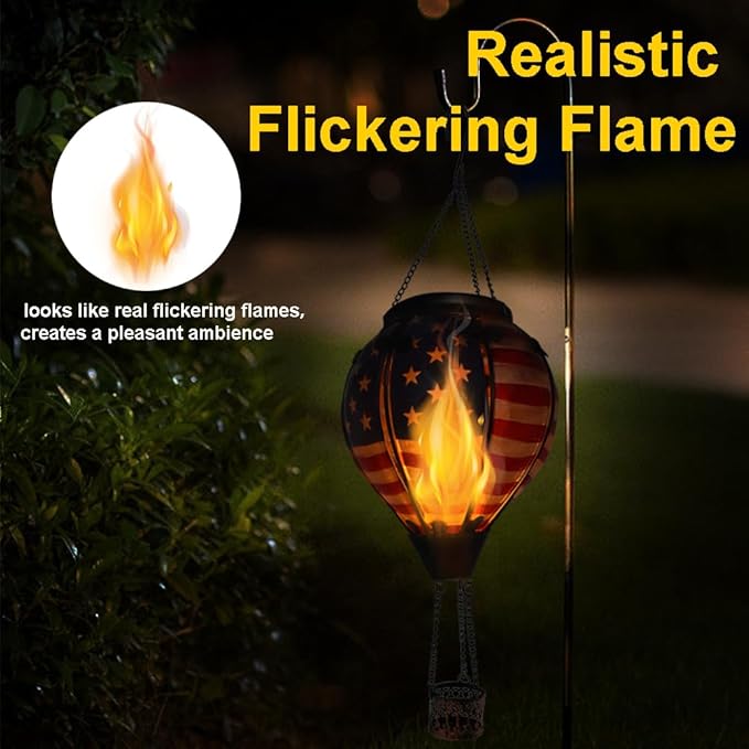 Hot Air Balloon Solar Lantern with Flickering Flame, Glass Hanging Garden Lights Outdoor Waterproof for Tree Yard Patio Mother's Day Gift, 18" H Flag