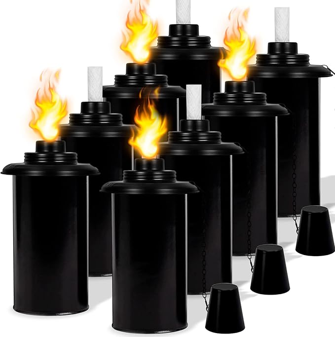 Nonley 8 Pack Torch Canisters 12 oz. Outdoor Torch Replacement Canister Bamboo Torches Refill Canister with Wicks and Covers, Decorative Lighting Torches for Lawn Patio Backyard, DIY Garden Decor
