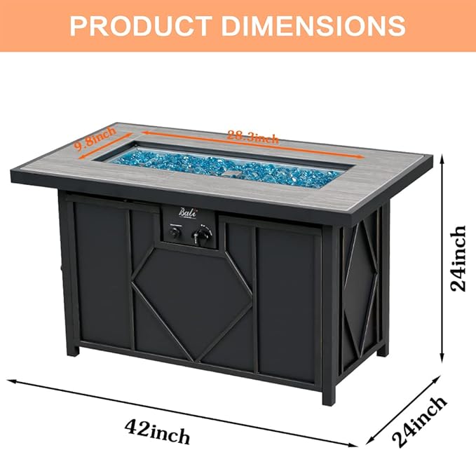 BALI OUTDOORS Fire Pit Table Propane Gas Firepit Rectangular Fire Table 42In 60,000 BTU for Outside Patio Backyard Deck Balcony