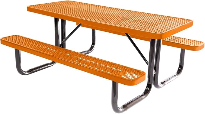 Coated Outdoor Furniture Heavy-Duty Portable Outdoor Picnic Table, Thermoplastic Coated Expanded Metal Commercial-Grade Patio Dining Furniture Made in America (6ft Rectangular, Textured Orange)