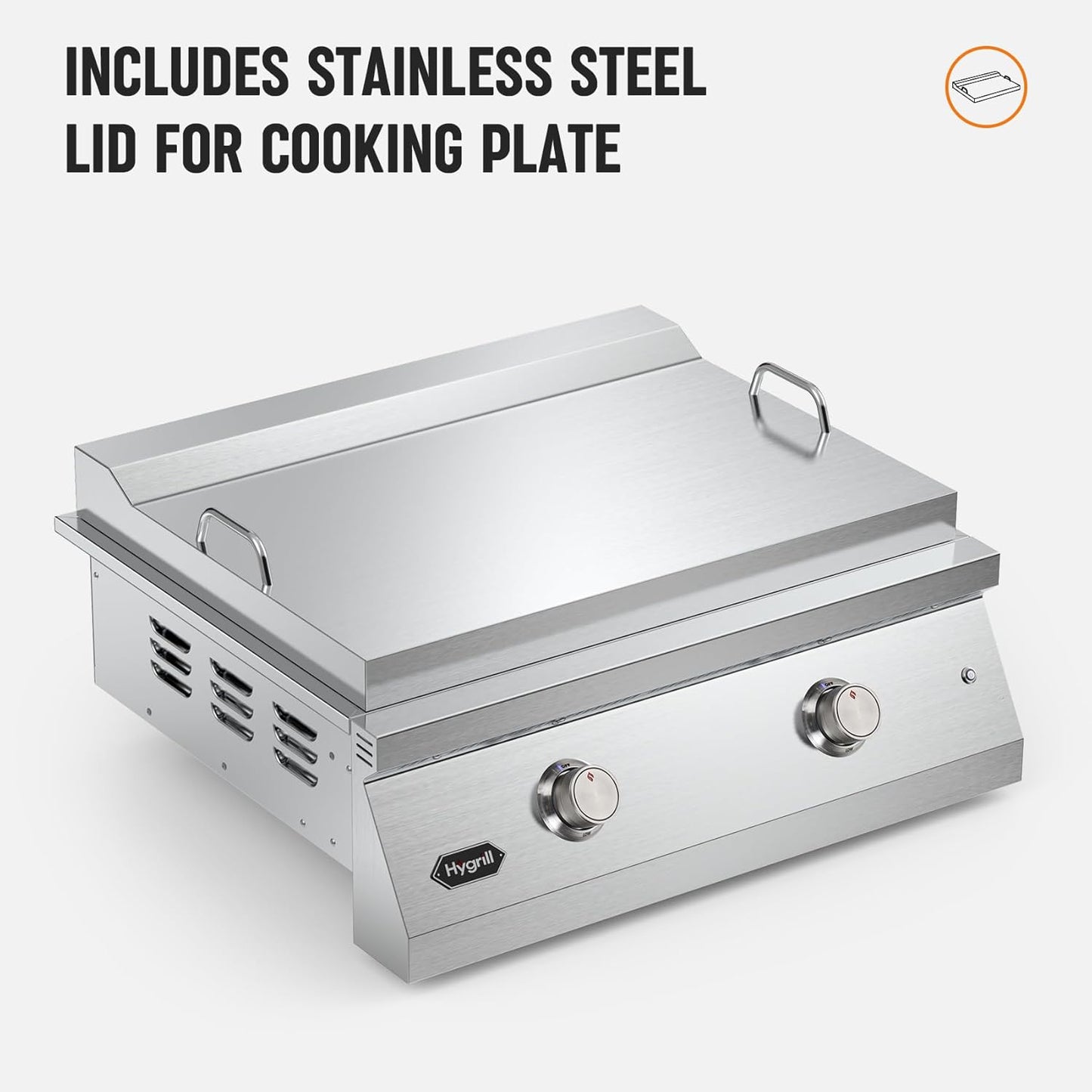 Hygrill 30-Inch Premium Built-In Liquid Propane Griddle for Outdoor Kitchen, Durable Stainless Steel 2-Burner Flat Top Grill with Lid and LED lights, 36000 BTUs