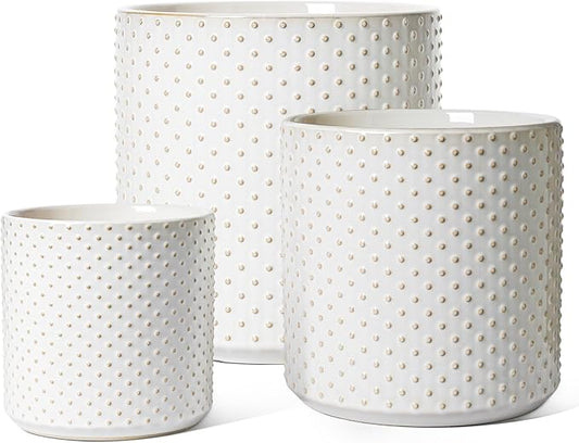 LE TAUCI Ceramic Plant Pots Indoor, 10+8+6 Inch Planters for Indoor Plants, Raised Dots Flower Pots with Drainage Hole and Plug, Cylinder Round Planters, Set of 3, Glaze Arctic White