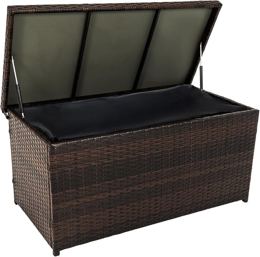 Outdoor 70 Gallon Wicker Storage Box with Waterproof Liner, Patio PE Rattan Storage Container for Outside, Deck Box with Hinged Lid for Cushions, Pillows, Towels, Horizontal Bin, Brown