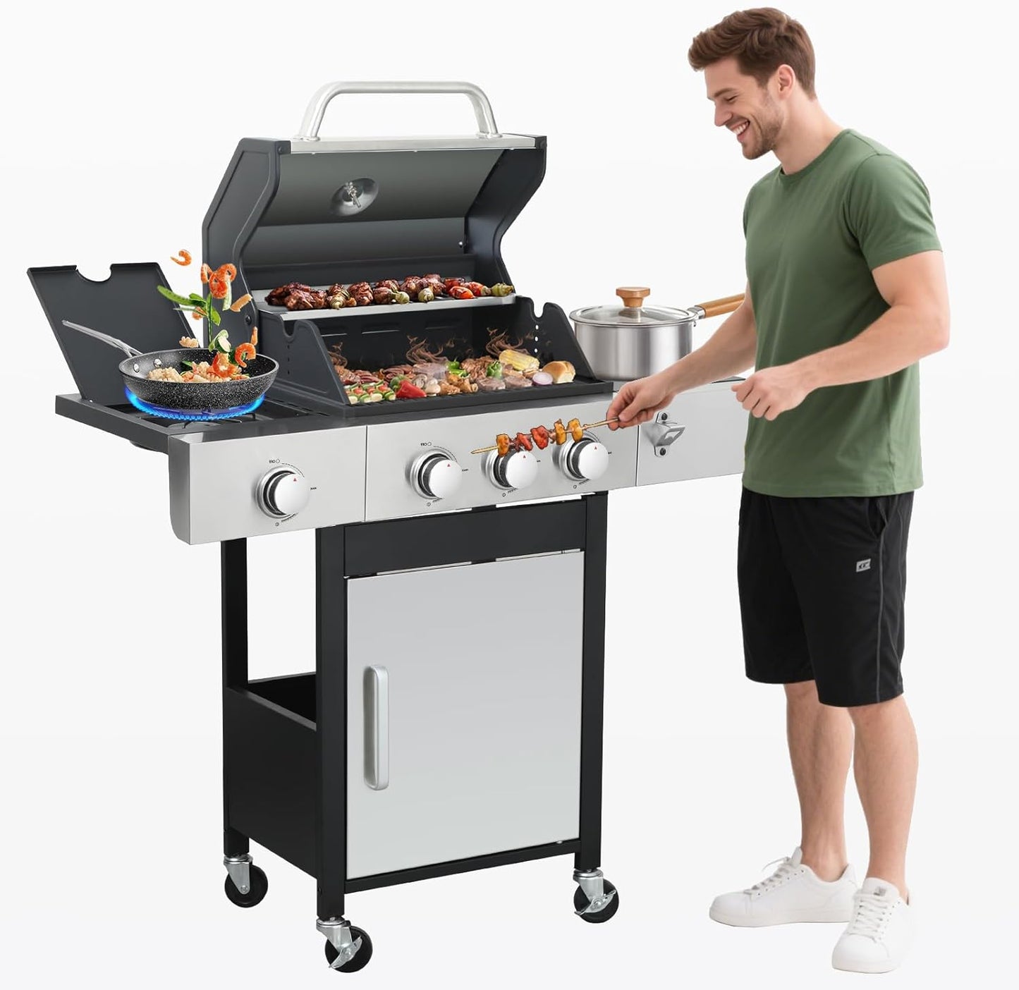 3-Burner Propane Gas BBQ Grill with Side Burner, Porcelain-Enameled Cast Iron Grates, Foldable Side Table, 37,230 BTU Stainless Steel Grill for Outdoor Camping Barbecue Grilling Backyard Cooking