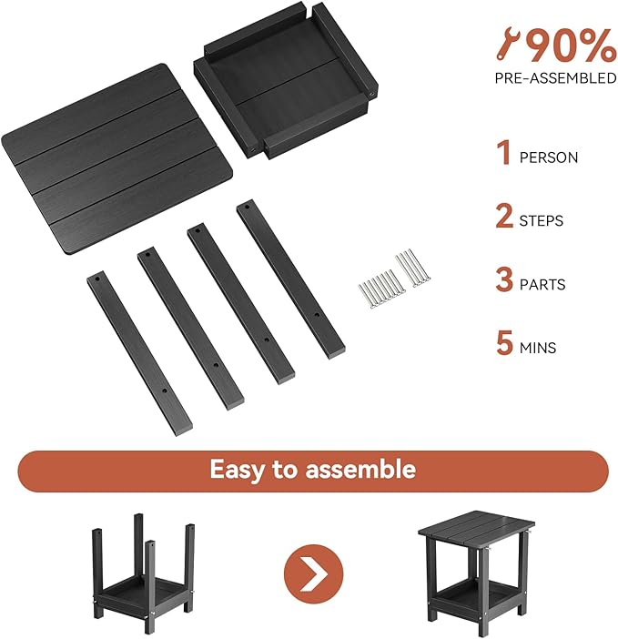 Adirondack Outdoor Side Table Small Outside Table for Patio Poolside Yard Garden 2-Tier Outside End Tables, Indoor or Outdoor Use, Easy Maintenance, 2 Pcs, Black