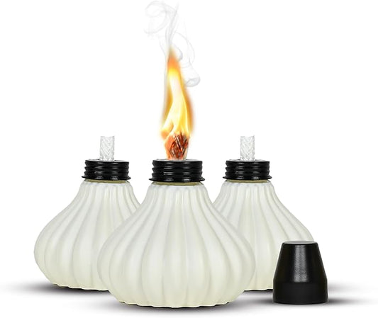 Deco Window Pack of 3 Table Torch for Indoor Outdoor Citronella Oil Tabletop Ceramic Lamp Landscape White Lantern with Fiberglass Wick & Cap for Patio Garden Yard Party Decor Light