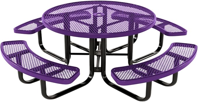 Coated Outdoor Furniture Heavy-Duty Portable Outdoor Kids Table with Umbrella Hole, Expanded Metal Kids Picnic Table, Commercial-Grade, Made in America (46 In, Round, Childrens, Purple)